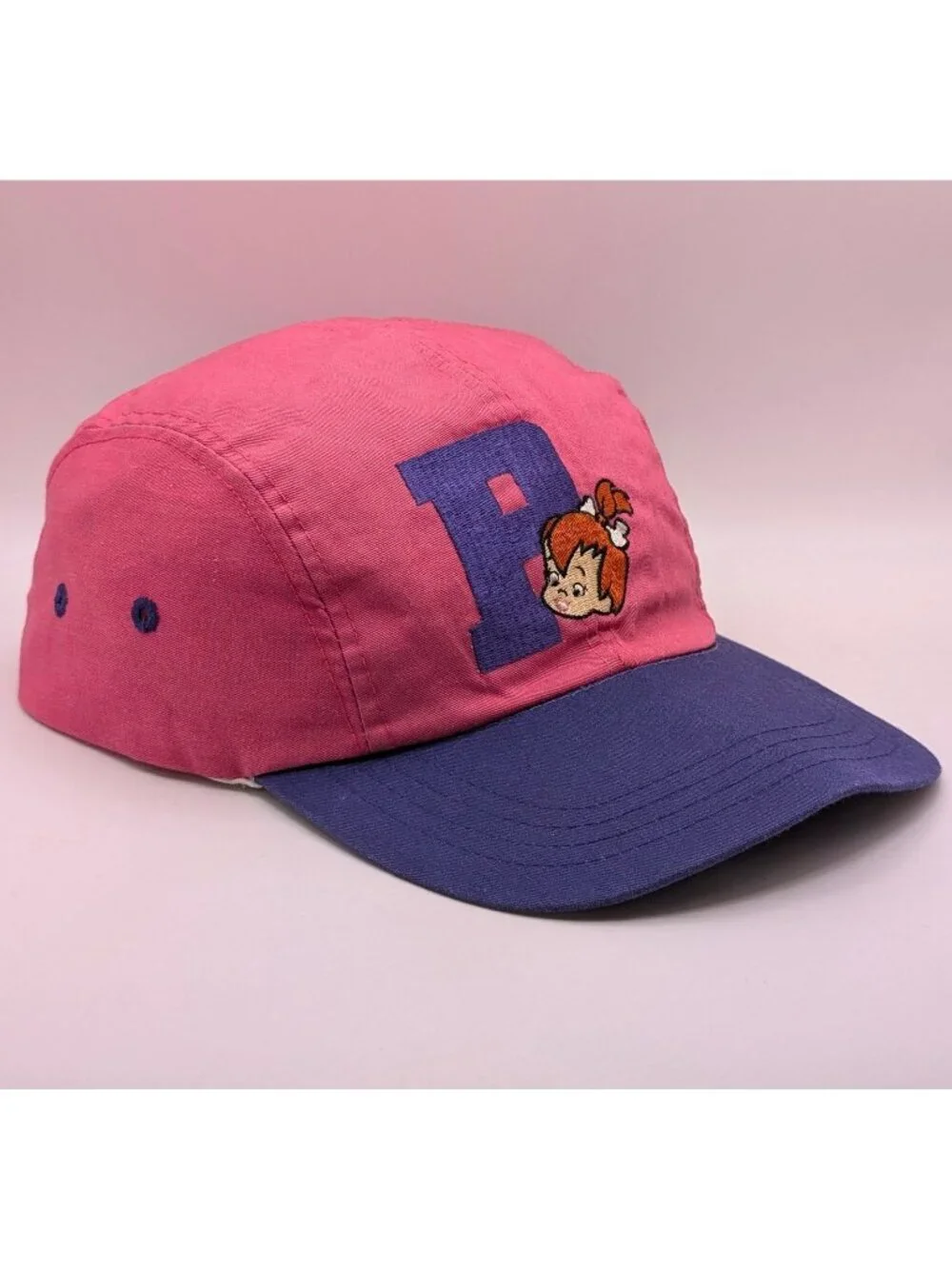 Vintage Pebbles Flintstone Bedrock U University Snapback Hat Pink Purple 90s Cap